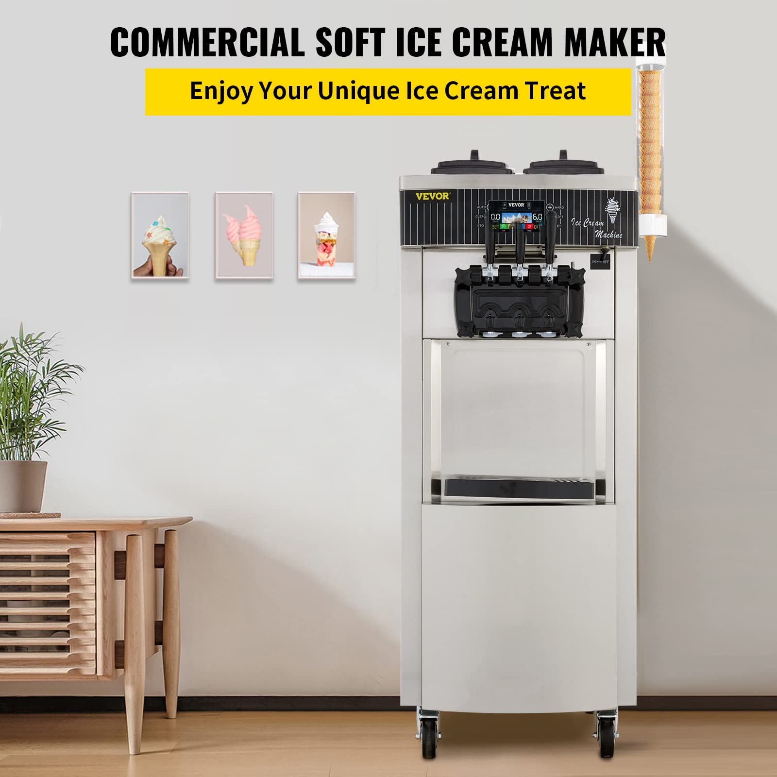 Vevor 2200W Commercial Soft Ice Cream Machine 3 Flavors 5.3 To 7.4Gallons Per Hour Auto Clean Led Panel Perfect For Restaurants